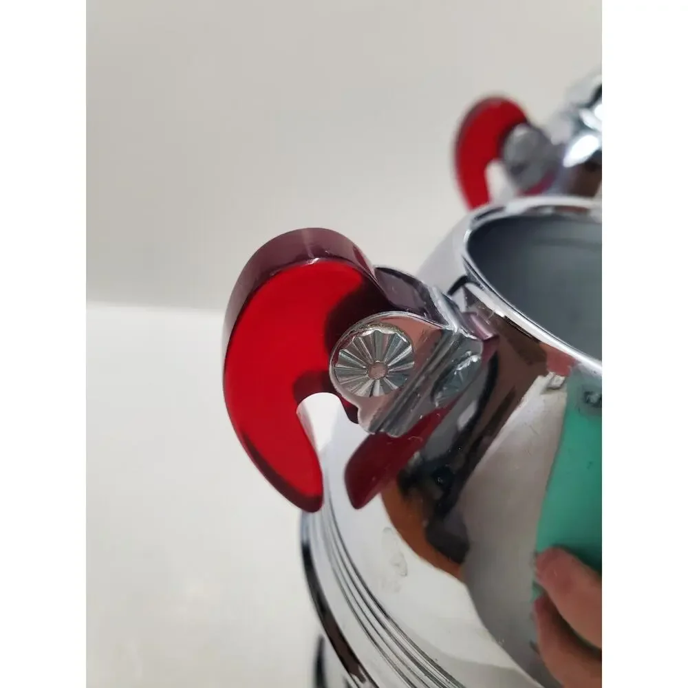 Vintage Chrome Sugar & Creamer Set Red Bakelite Handles Chrome Mid Century Retro